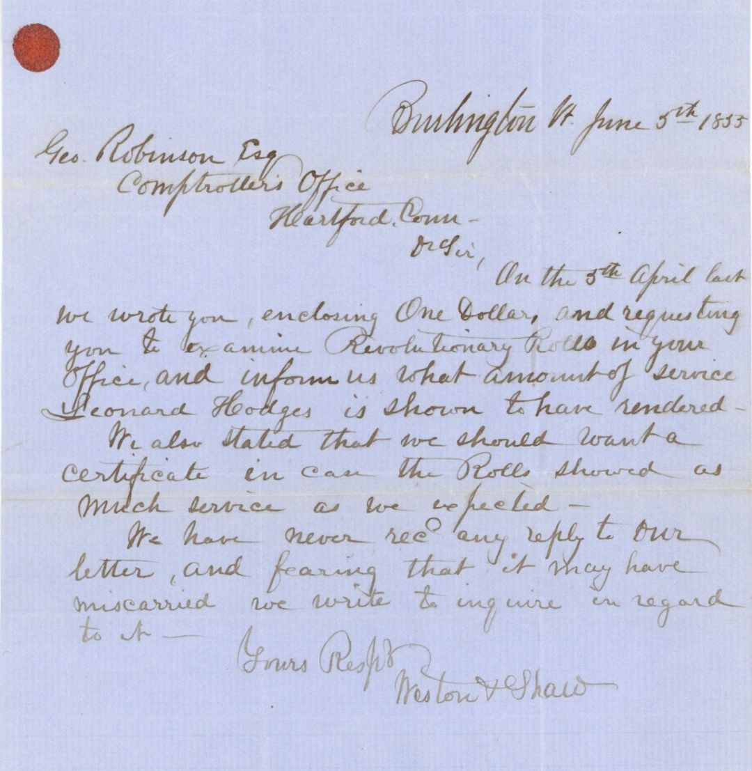 Revolutionary War Pension for Leonard Hodges - Connecticut - 1855 dated American Revolutionary War