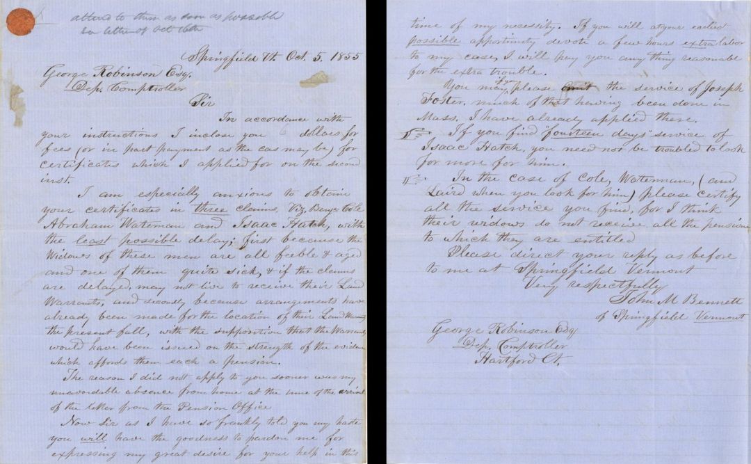 Revolutionary War Pension for Benjamin Cole, Abraham Waterman, Isaac Hatch and Joseph Foster - Connecticut - 1855 dated American Revolutionary War