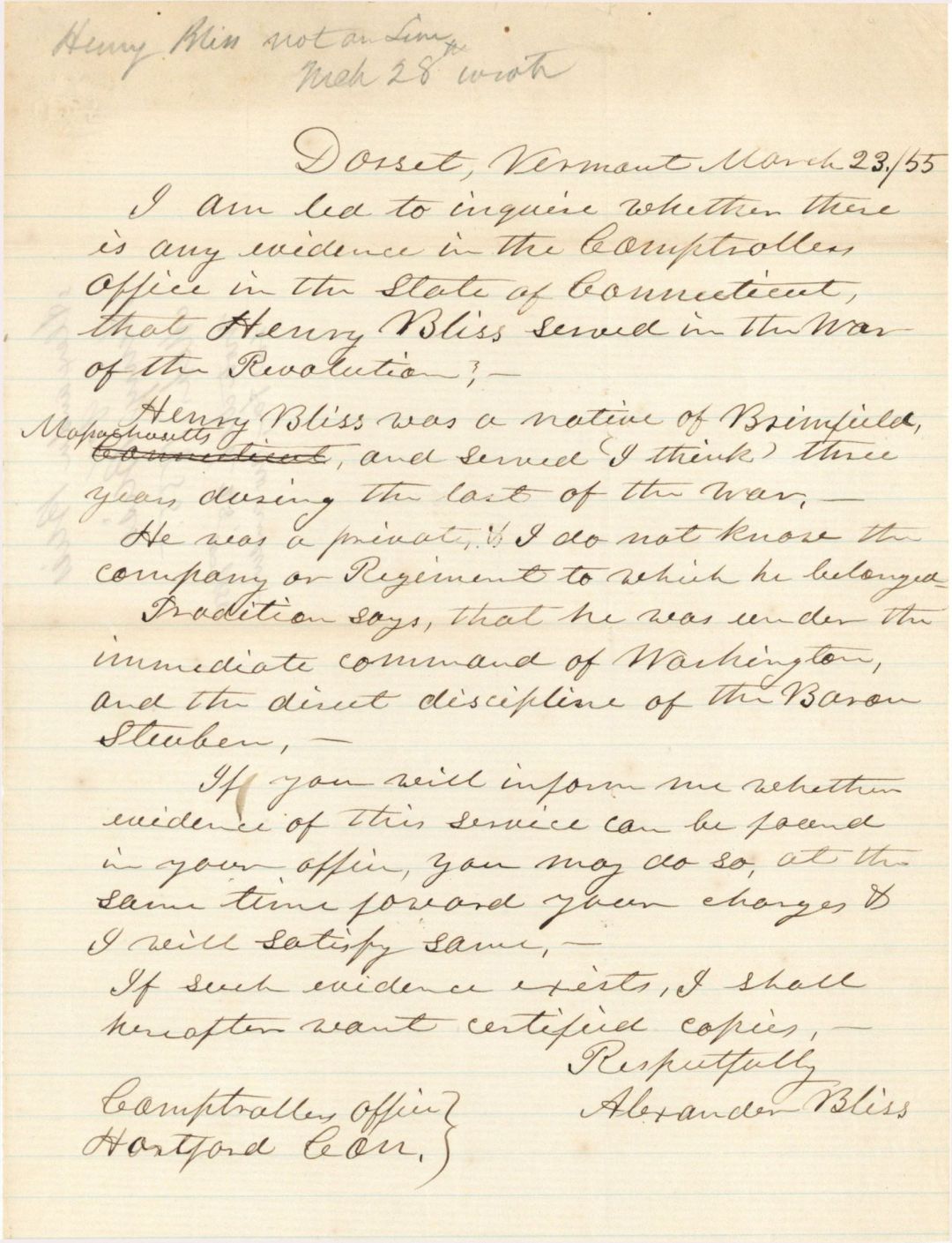 Revolutionary War Pension for Henry Bliss - Connecticut - 1855 dated American Revolutionary War
