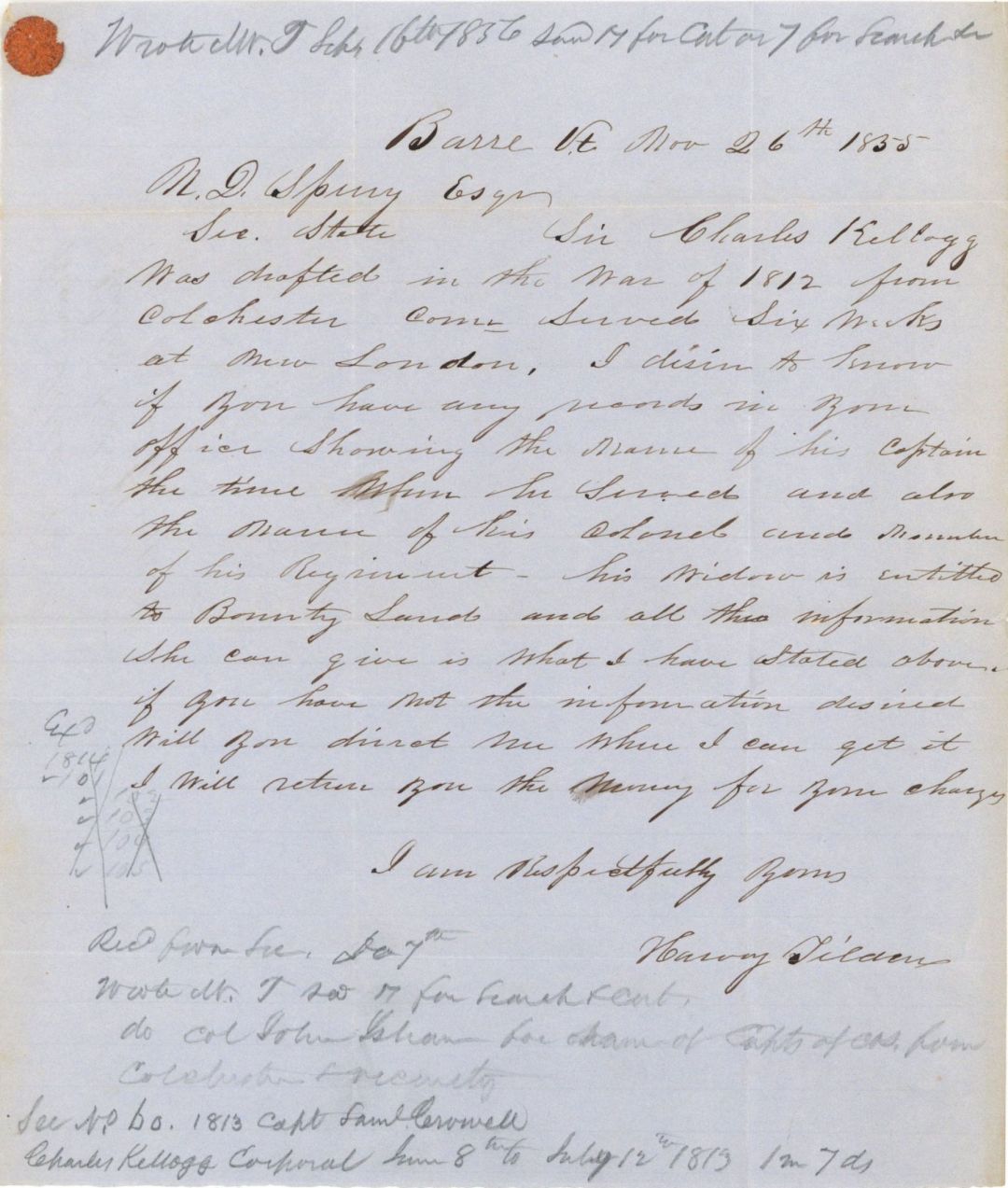 Revolutionary War Pension for Charles Kellogg - Connecticut - 1855 dated American Revolutionary War