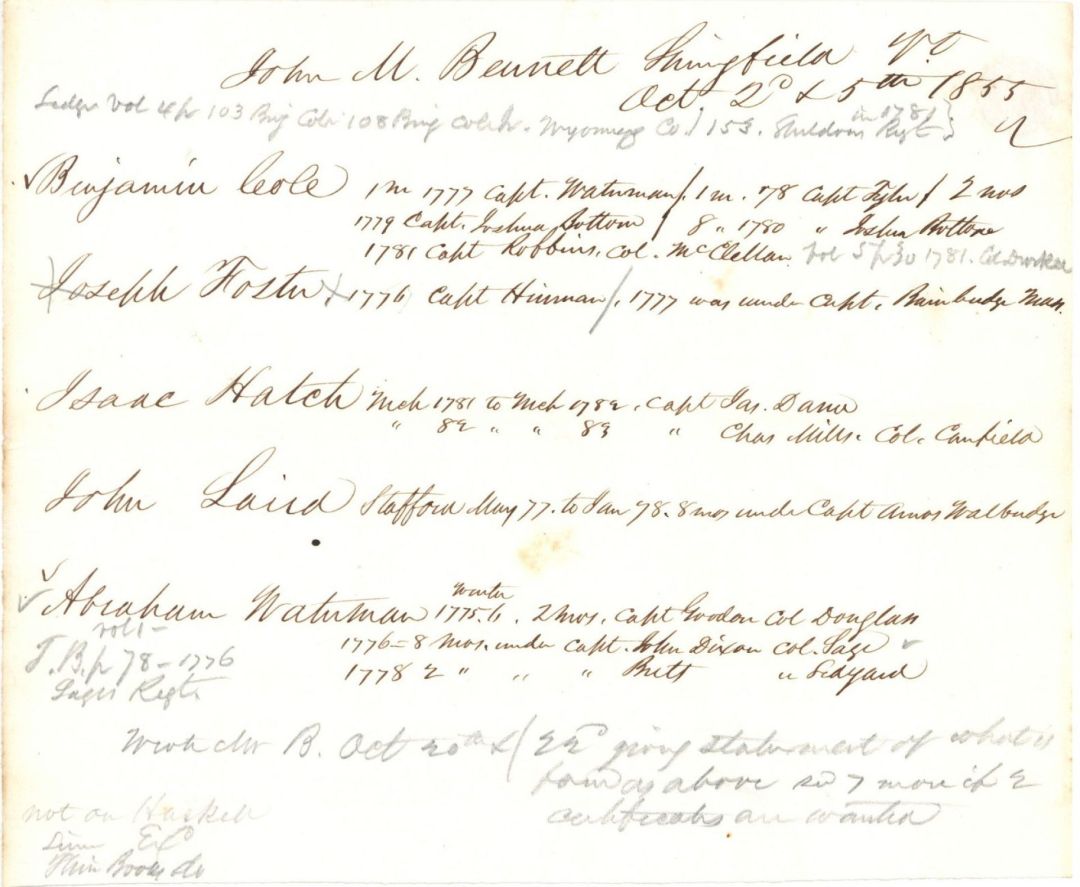 Revolutionary War Pension List of 5 Veterans - Connecticut - 1855 dated American Revolutionary War