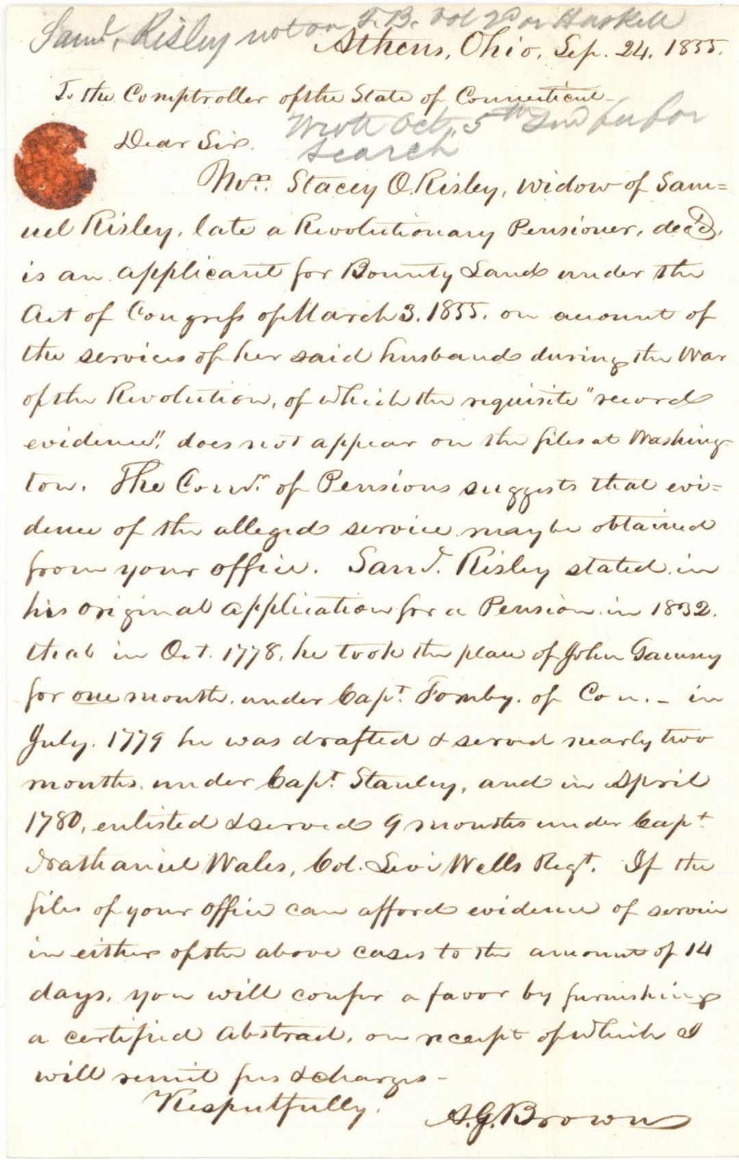 Revolutionary War Pension for Samuel Risley - Connecticut - 1855 dated American Revolutionary War