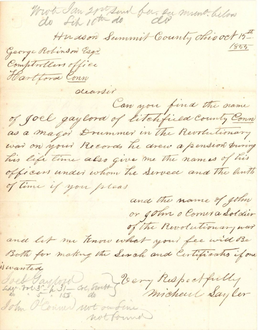 Revolutionary War Pension for Joel Gaylord - Connecticut - 1855 dated American Revolutionary War