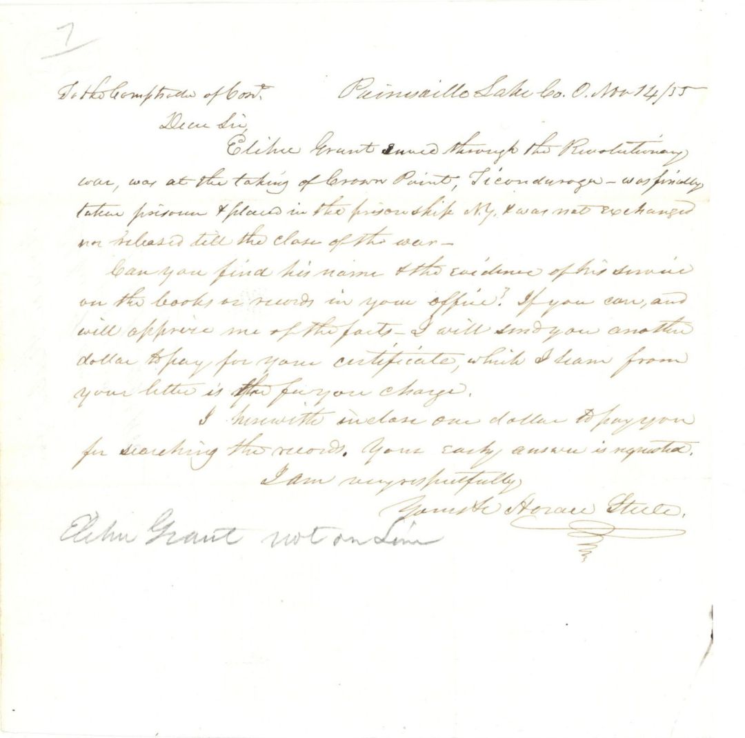 Revolutionary War Pension for Elihue Grant - Connecticut - 1855 dated American Revolutionary War