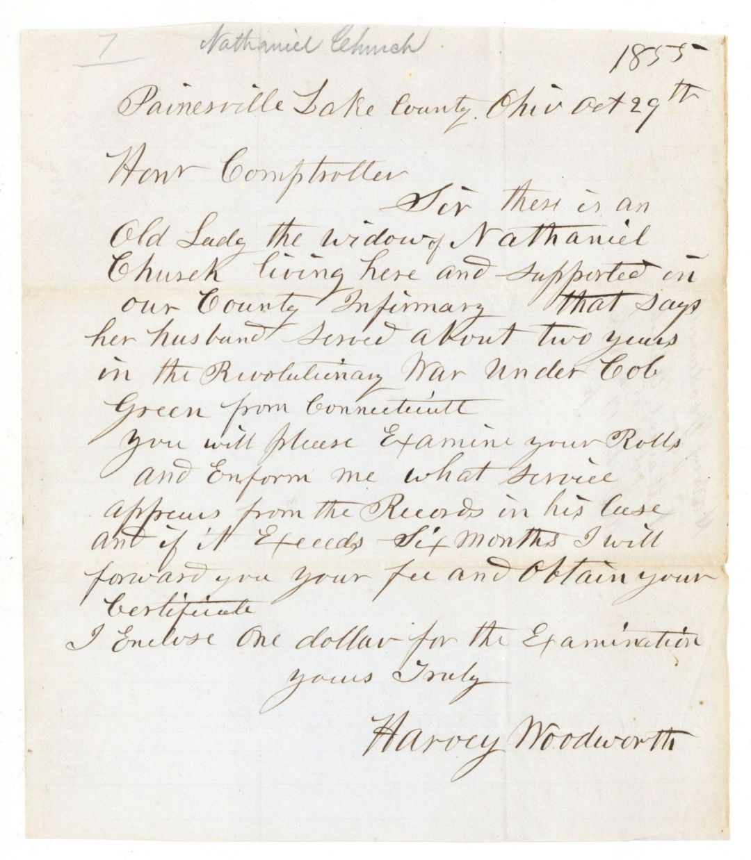 Revolutionary War Pension for Nathaniel Church - Connecticut - 1855 dated American Revolutionary War