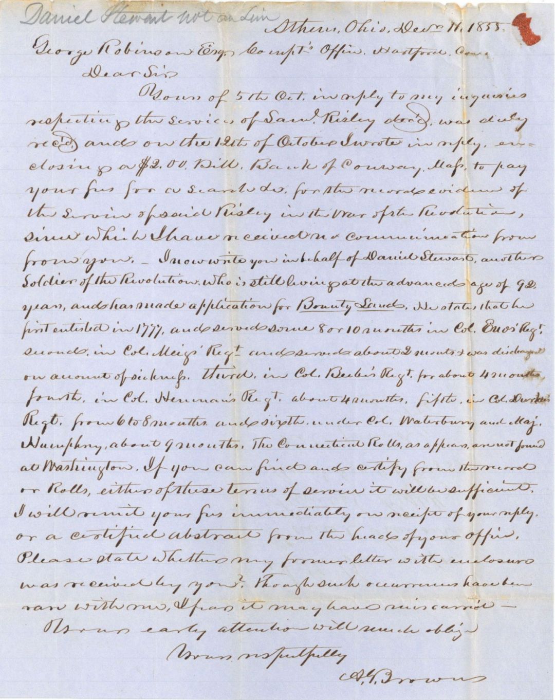 Revolutionary War Pension for Samuel Risley - Connecticut - 1855 dated American Revolutionary War