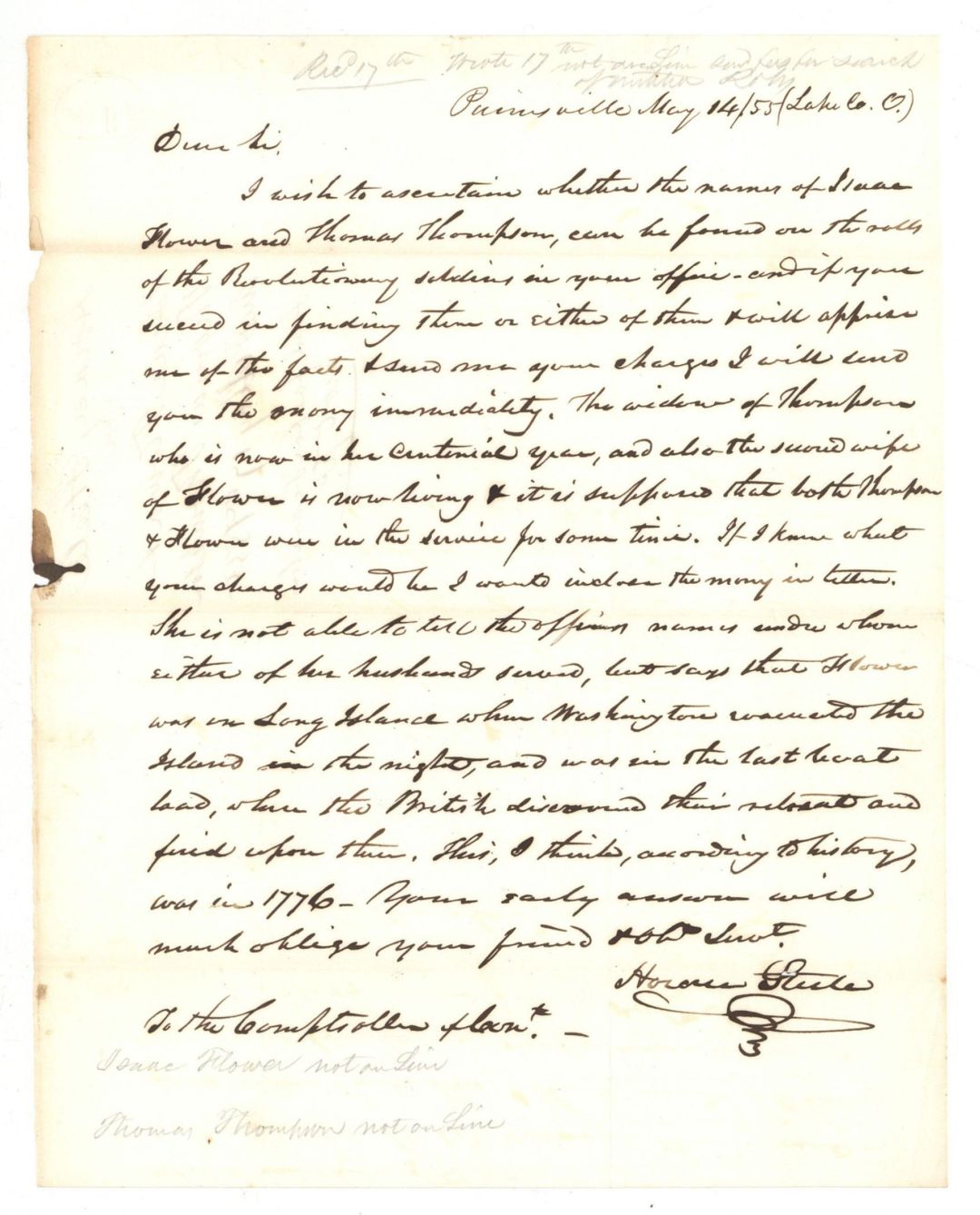 Revolutionary War Pension for Isaac Flower and Thomas Thompson - Connecticut - 1855 dated American Revolutionary War