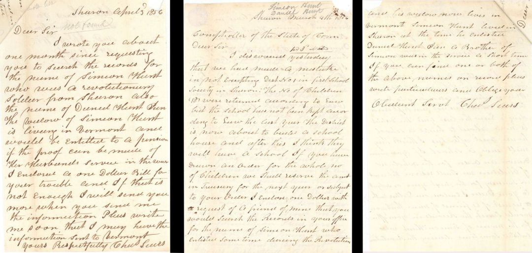 Revolutionary War Pension for Simeon Hunt and Daniel Hunt - Connecticut - 1856 dated American Revolutionary War