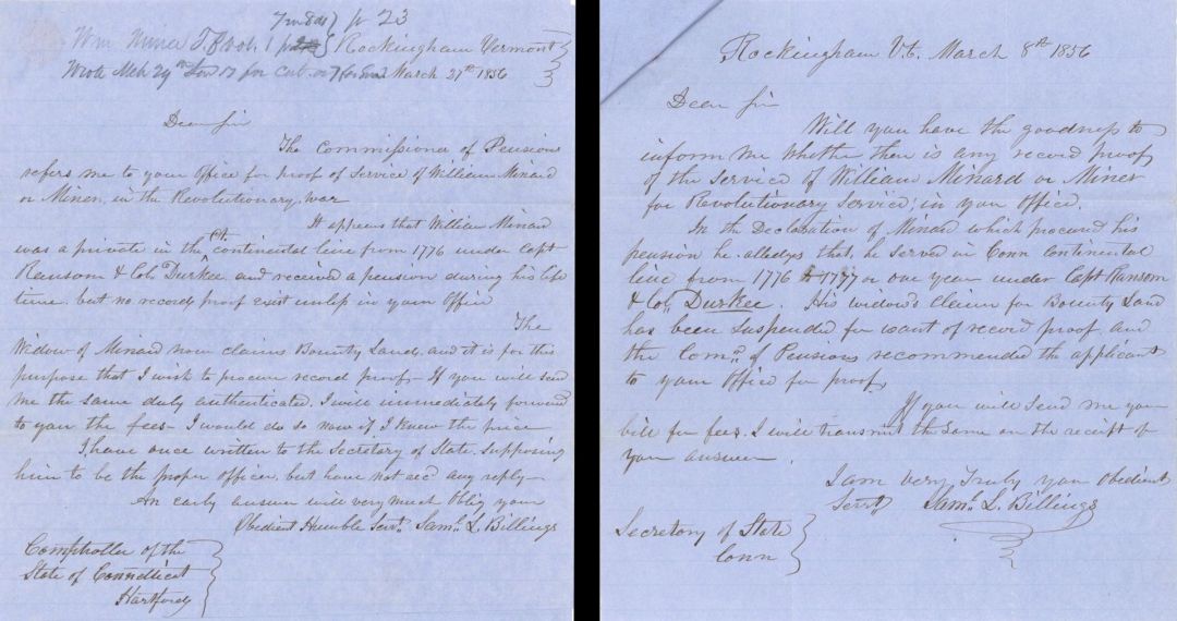 Revolutionary War Pension for William Minard - Connecticut - 1856 dated American Revolutionary War