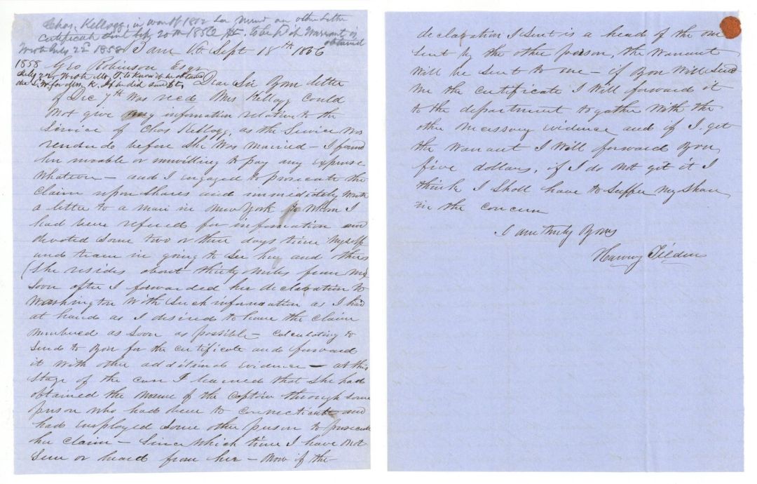 Revolutionary War Pension for Clay Kellogg - Connecticut - 1856 dated American Revolutionary War