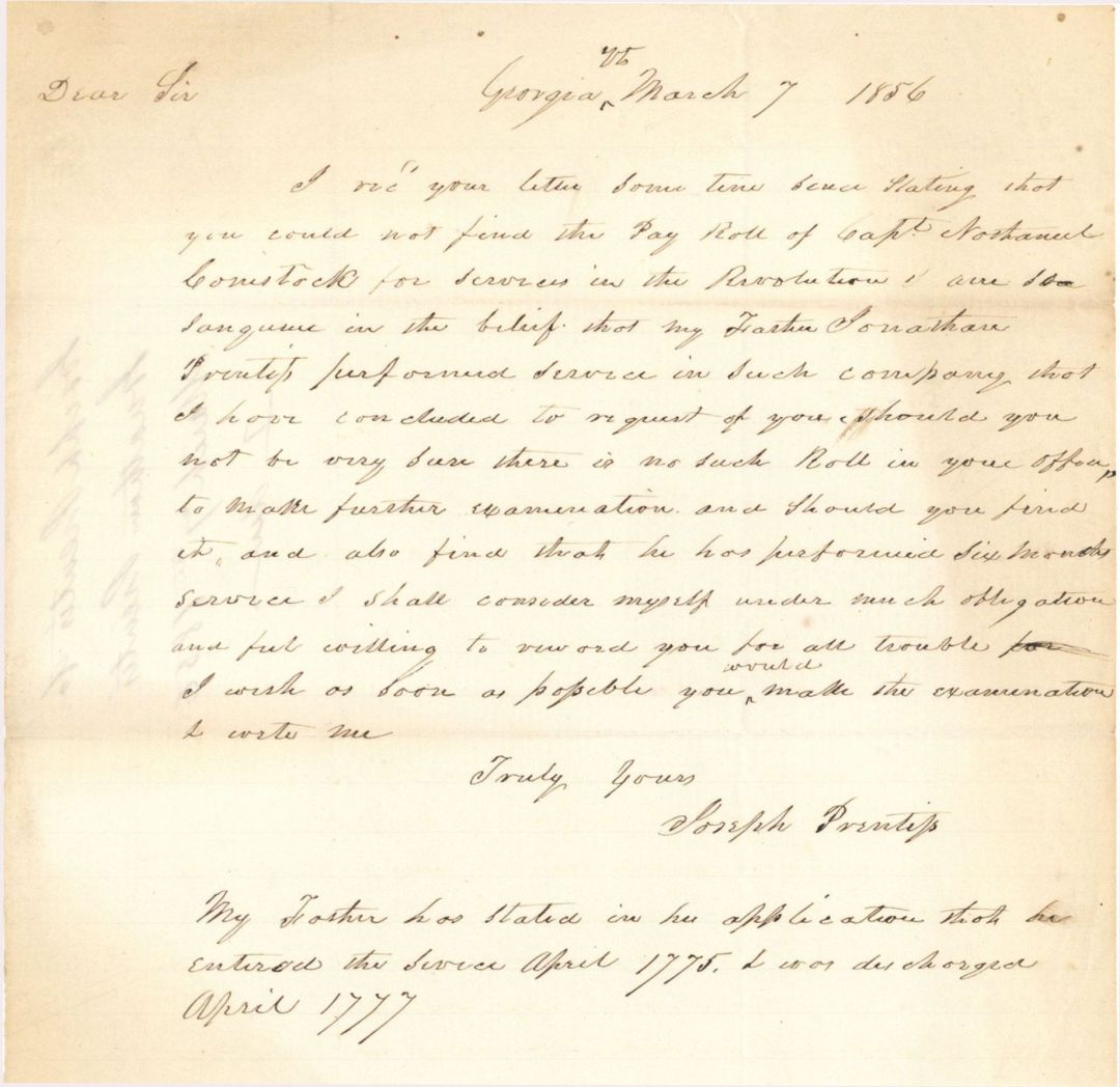 Revolutionary War Pension for Captain Nathaniel Comstock - Connecticut - 1856 dated American Revolutionary War