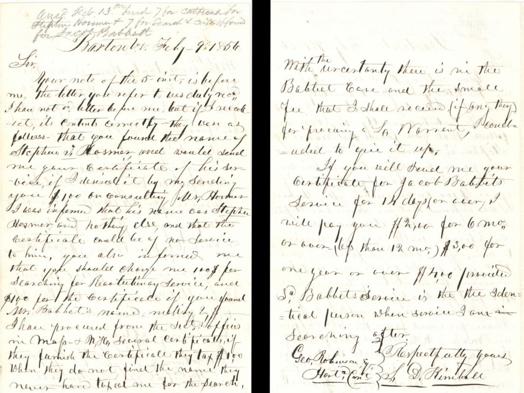 Revolutionary War Pension for Jacob Babbit and Stephen Hosmer - Connecticut - 1856 dated American Revolutionary War
