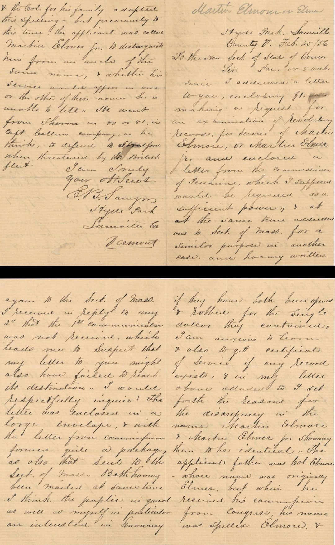 Revolutionary War Pension for Martin Elsmore - Connecticut - 1856 dated American Revolutionary War