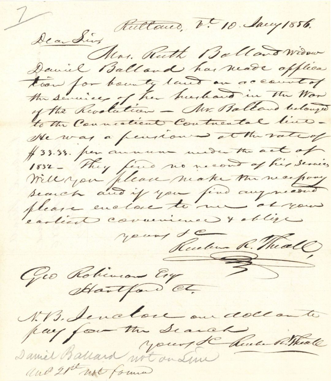 Revolutionary War Pension for Daniel Ballard - Connecticut - 1856 dated American Revolutionary War