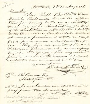 Revolutionary War Pension for Daniel Ballard - Connecticut - 1856 dated American Revolutionary War