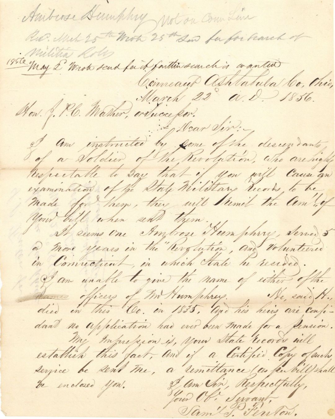 Revolutionary War Pension for Ambrose Humphrey - Connecticut - 1856 dated American Revolutionary War