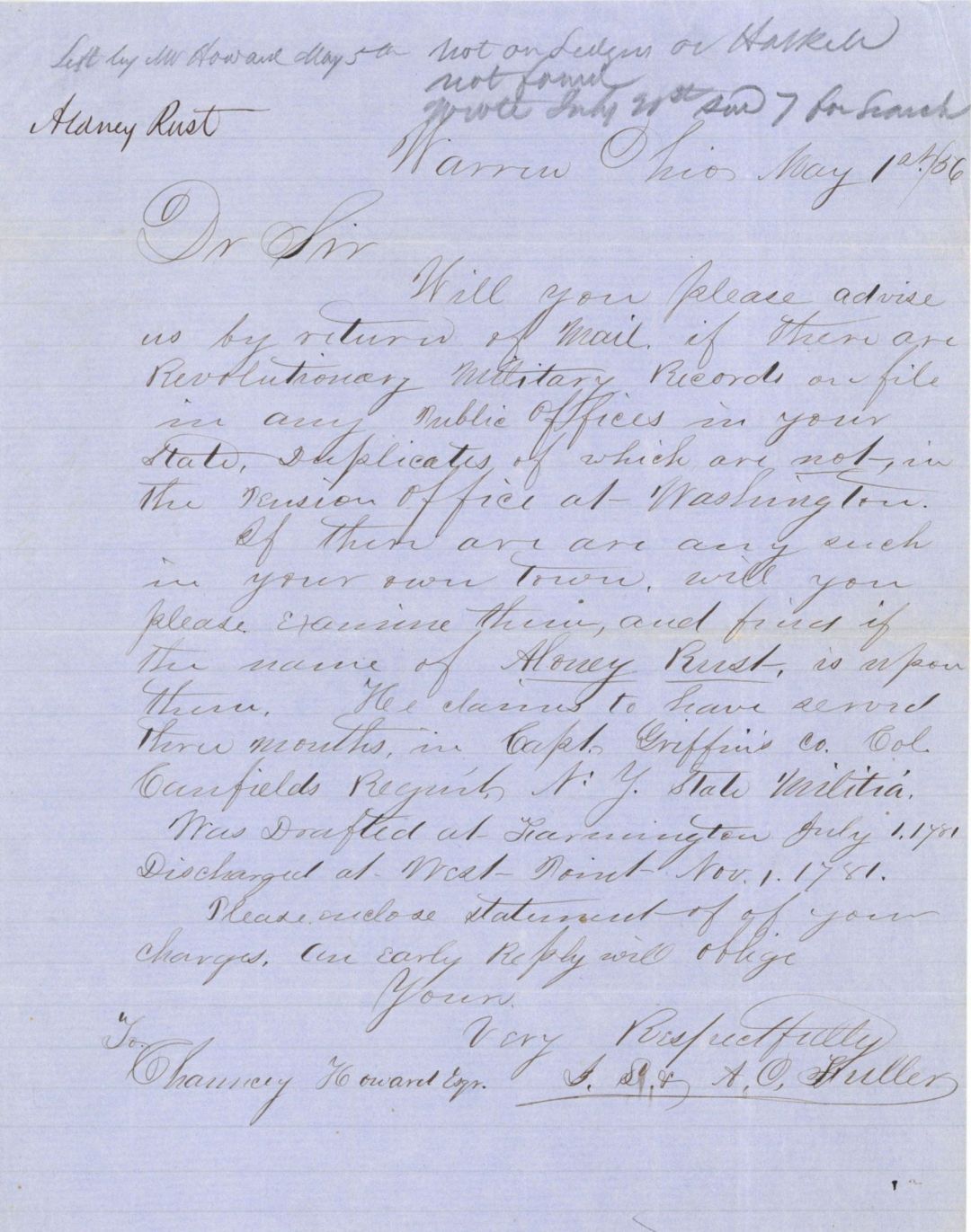 Revolutionary War Pension for Aloney Rust - Connecticut - 1856 dated American Revolutionary War