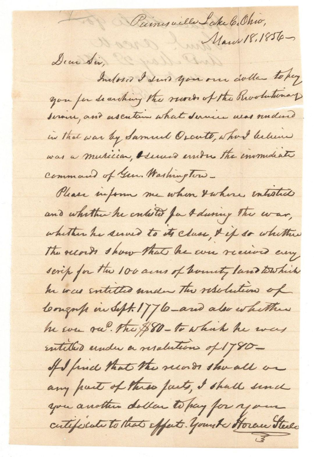 Revolutionary War Pension for Samuel Orcott - Connecticut - 1856 dated American Revolutionary War