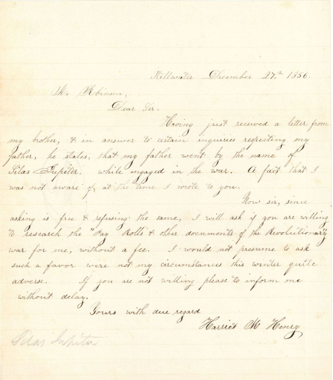 Revolutionary War Pension for Silas Jupiter - Connecticut - 1856 dated American Revolutionary War