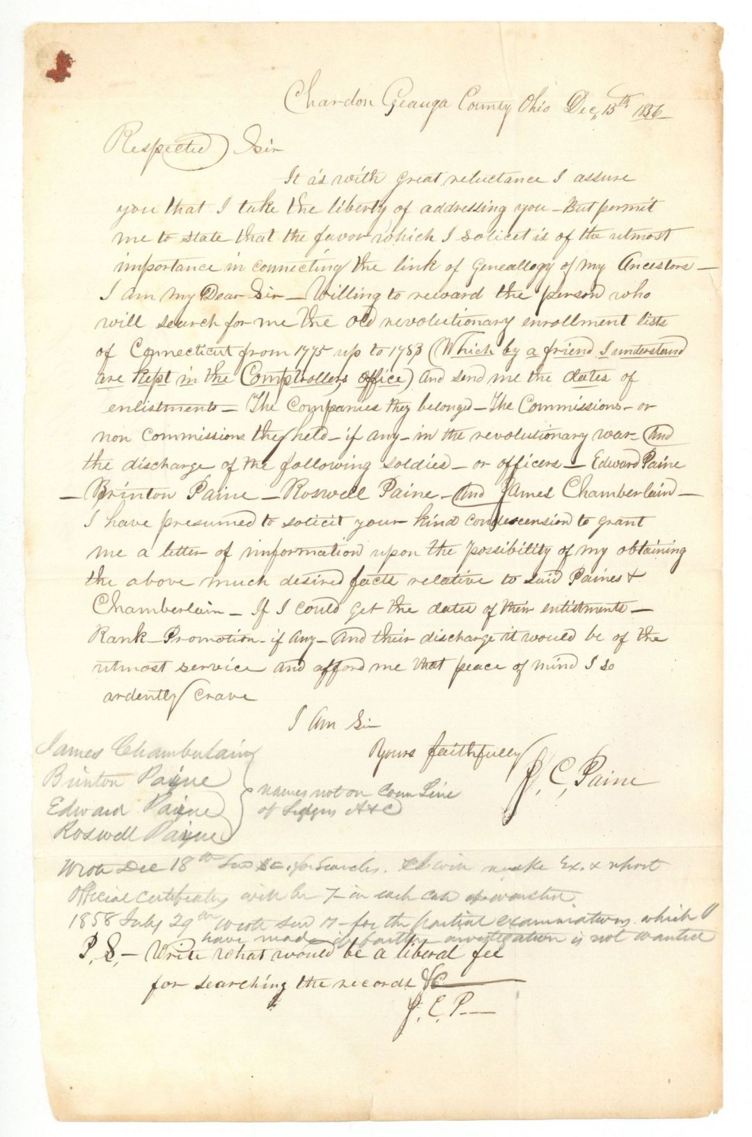 Revolutionary War Pension for Edward Paine, Brinton Paine, Roswell Paine and and James Chamberlain - Connecticut - 1856 dated American Revolutionary War