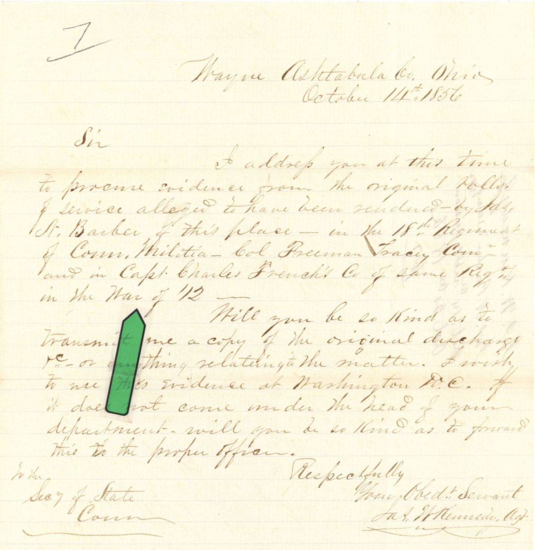 Revolutionary War Pension for Jas. A. Barber - Connecticut - 1856 dated American Revolutionary War