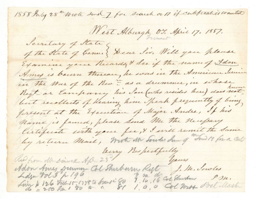 Revolutionary War Pension for Adon Ames - Connecticut - 1857 dated American Revolutionary War