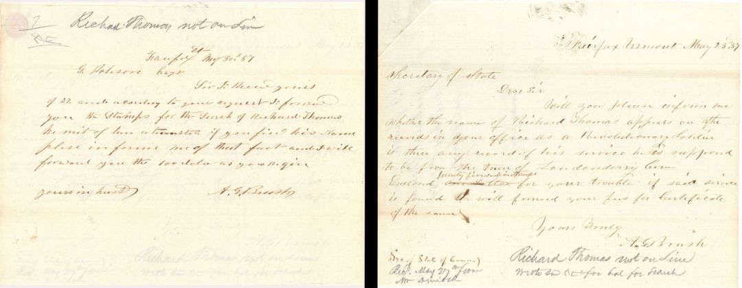Revolutionary War Pension for Richard Thomas - Connecticut - 1857 dated American Revolutionary War