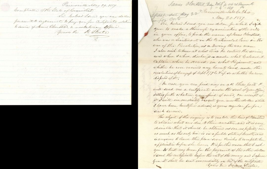 Revolutionary War Pension for James Olmsted - Connecticut - 1857 dated American Revolutionary War