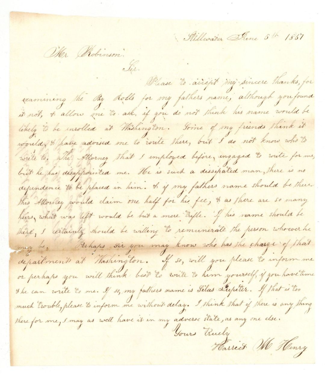 Revolutionary War Pension for Silas Jupiter - Connecticut - 1857 dated American Revolutionary War