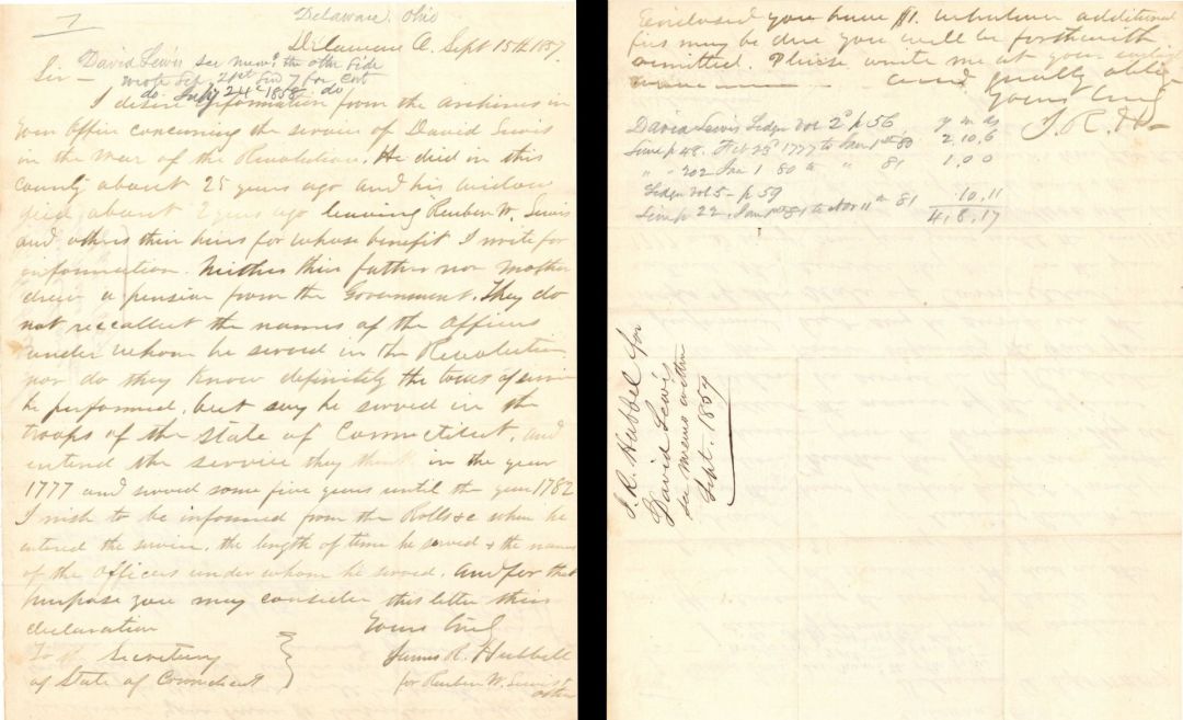 Revolutionary War Pension for David Lewis - Connecticut - 1857 dated American Revolutionary War