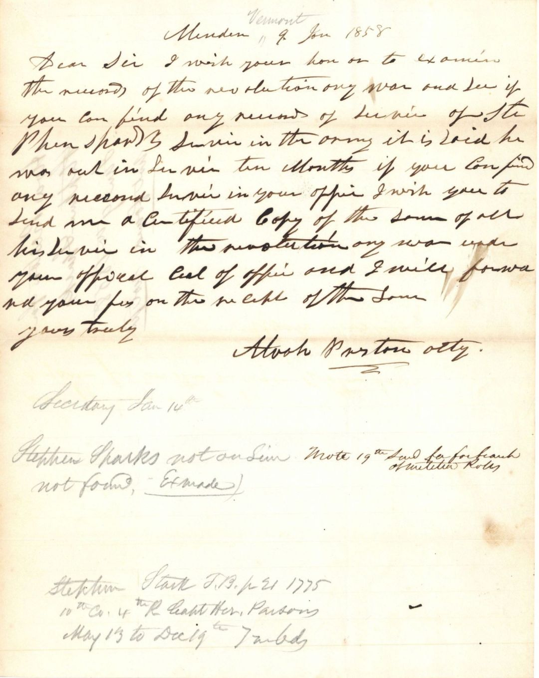 Revolutionary War Pension for Stephen Sparks - Connecticut - 1858 dated American Revolutionary War
