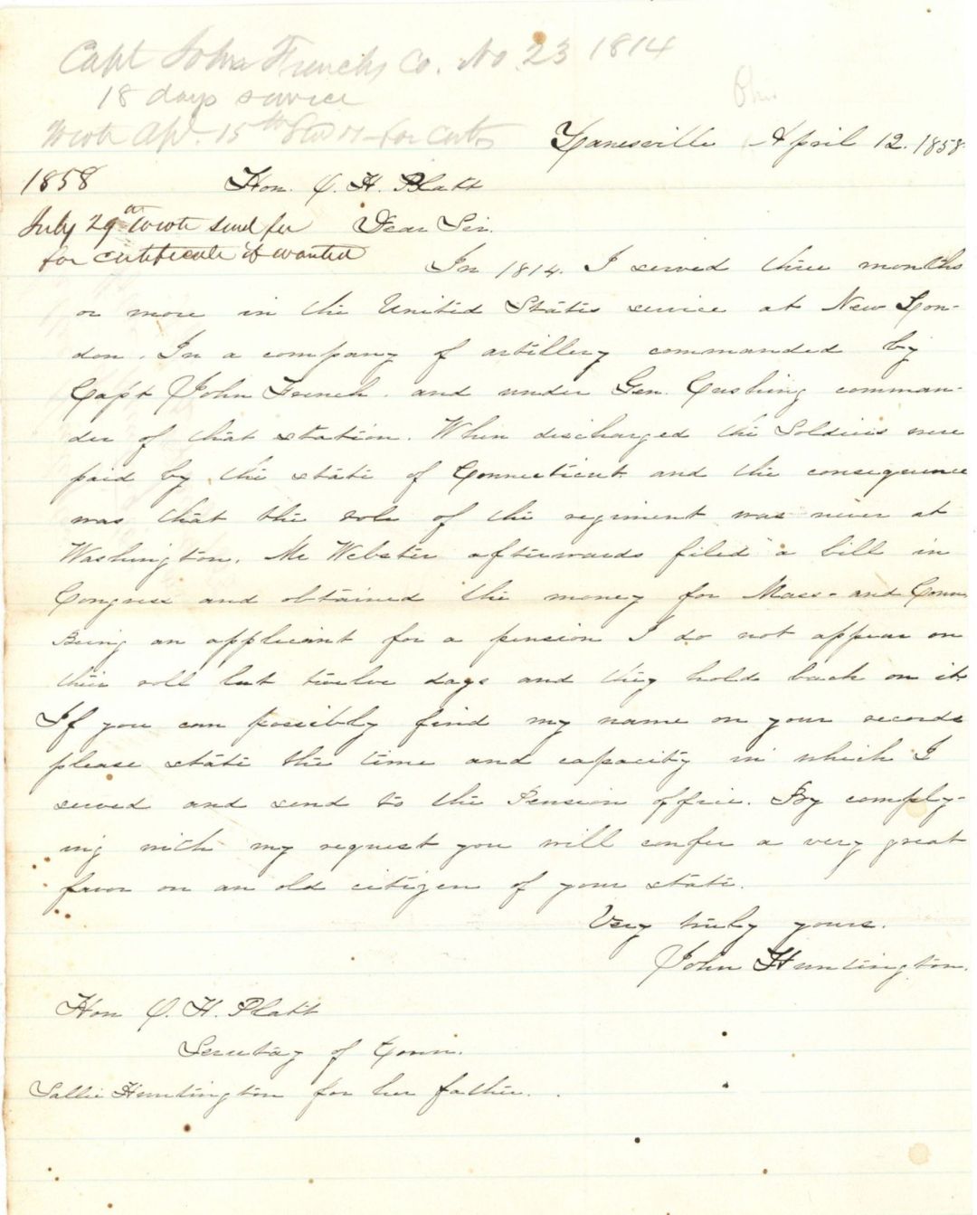 Revolutionary War Pension for John Huntington - Connecticut - 1858 dated American Revolutionary War