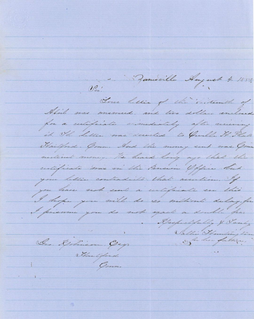 Revolutionary War Pension for John Huntington - Connecticut - 1858 dated American Revolutionary War