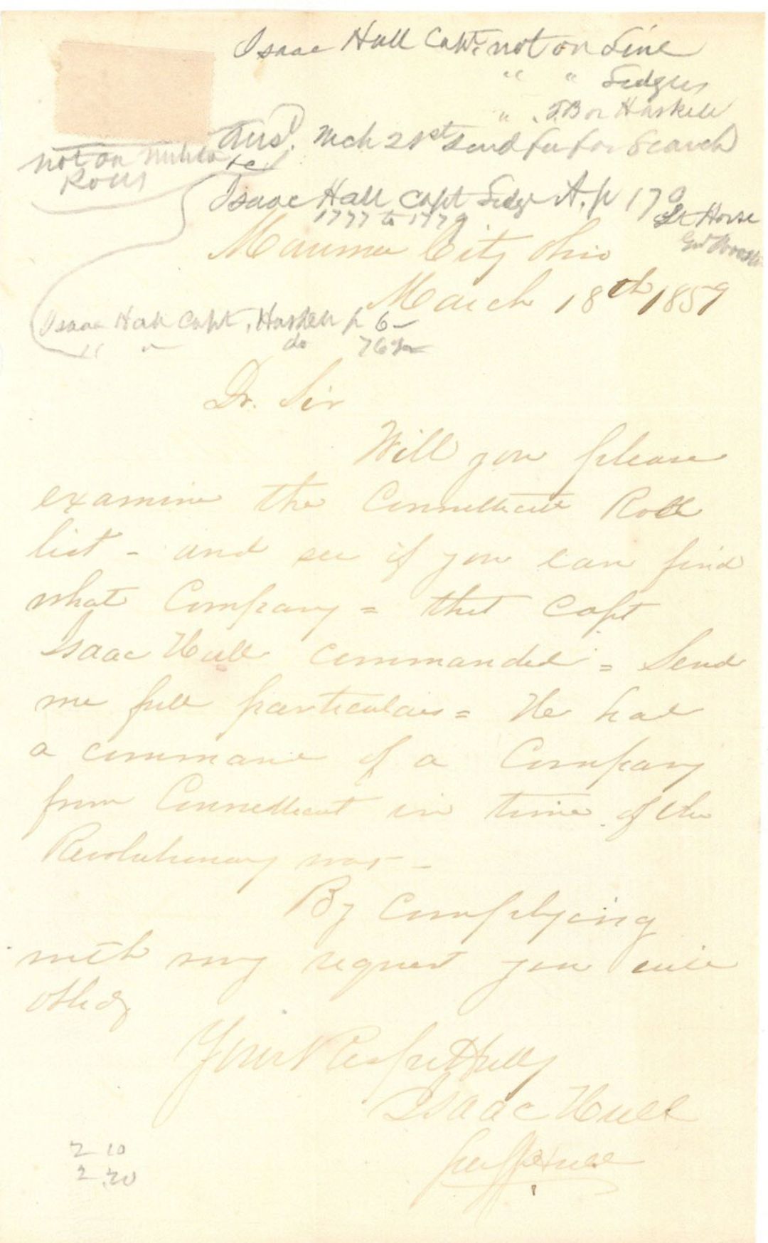 Revolutionary War Pension for Isaac Hall - Connecticut - 1859 dated American Revolutionary War
