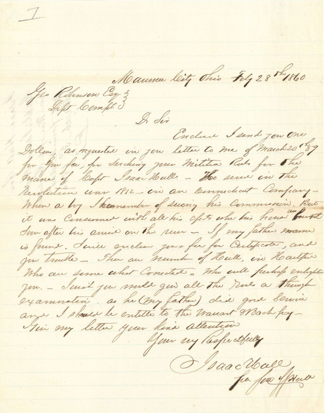 Revolutionary War Pension for Isaac Hall - Connecticut - 1860 dated American Revolutionary War