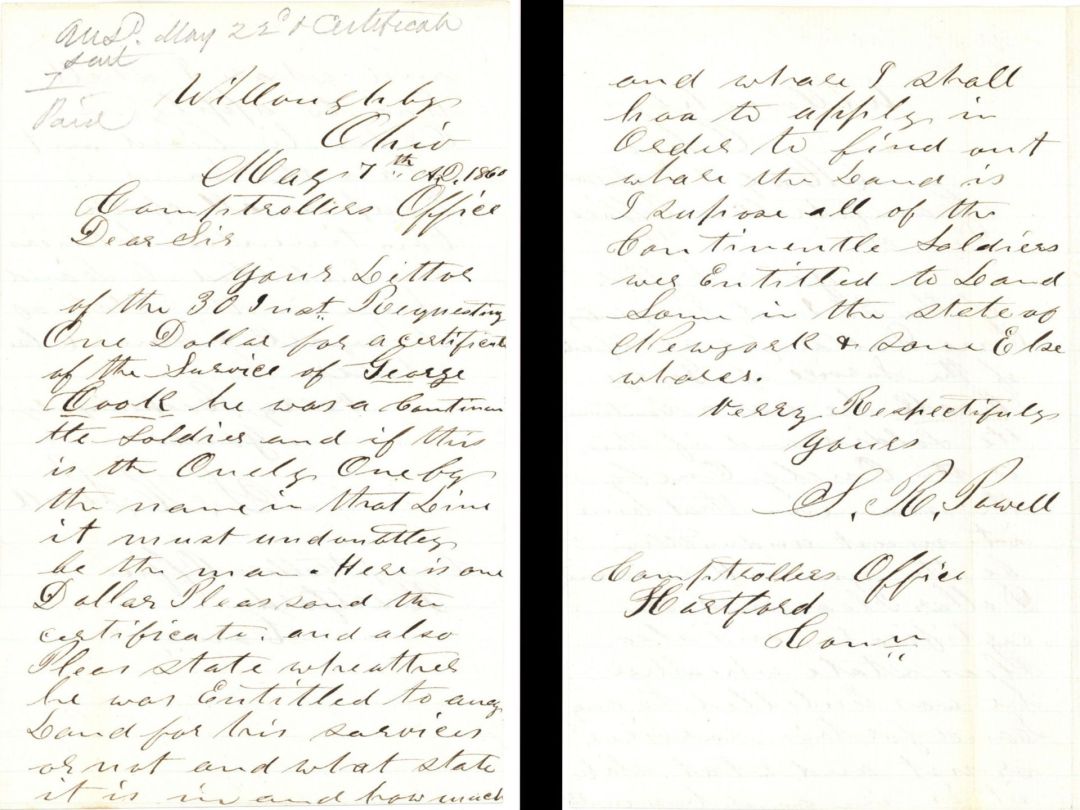 Revolutionary War Pension for George Cook - Connecticut - 1860 dated American Revolutionary War