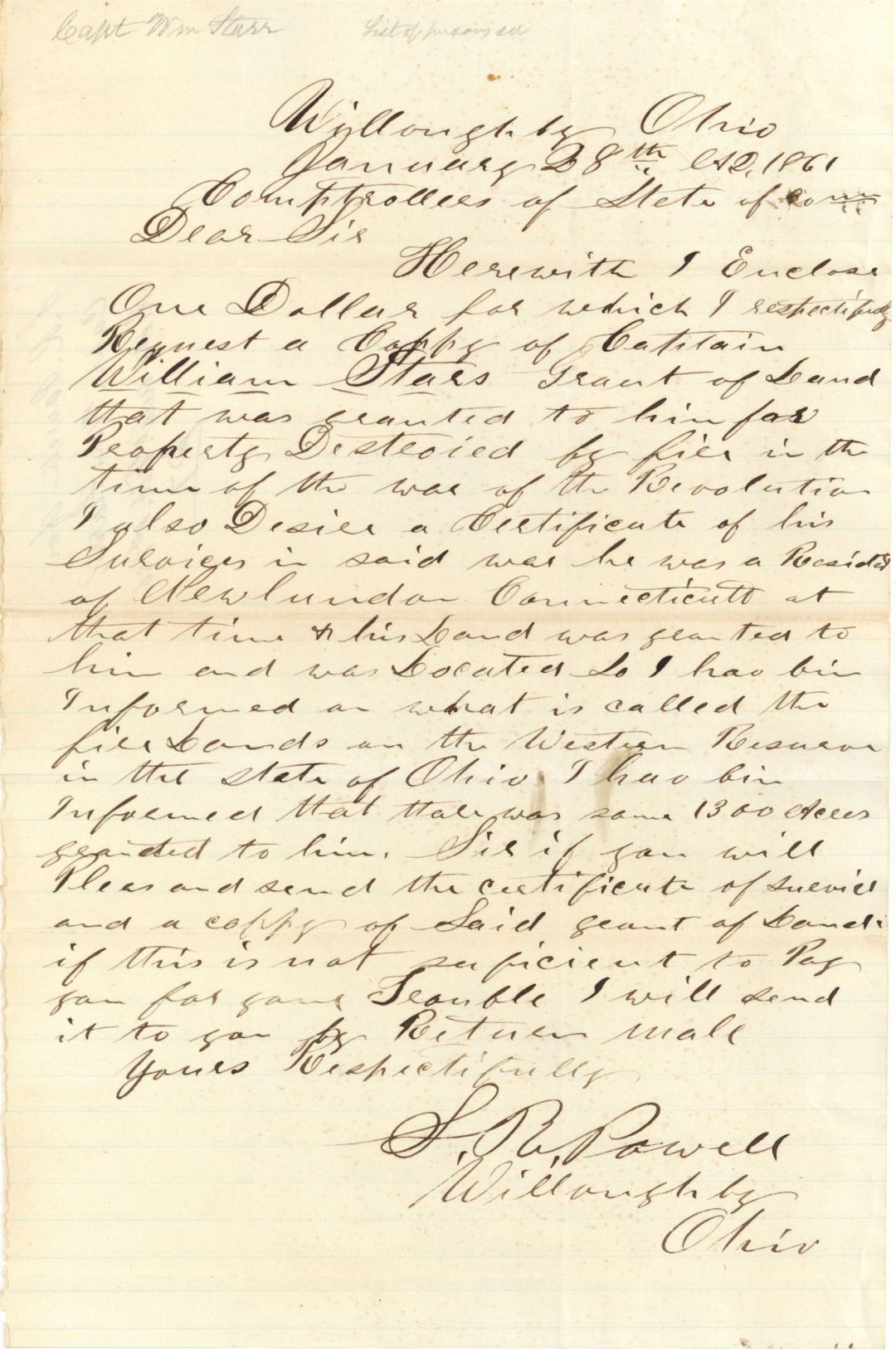 Revolutionary War Pension for Captain William Starr - Connecticut - 1861 dated American Revolutionary War