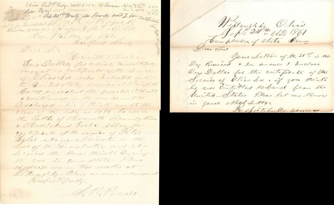 Revolutionary War Pension for Elias Lee - Connecticut - 1861 dated American Revolutionary War