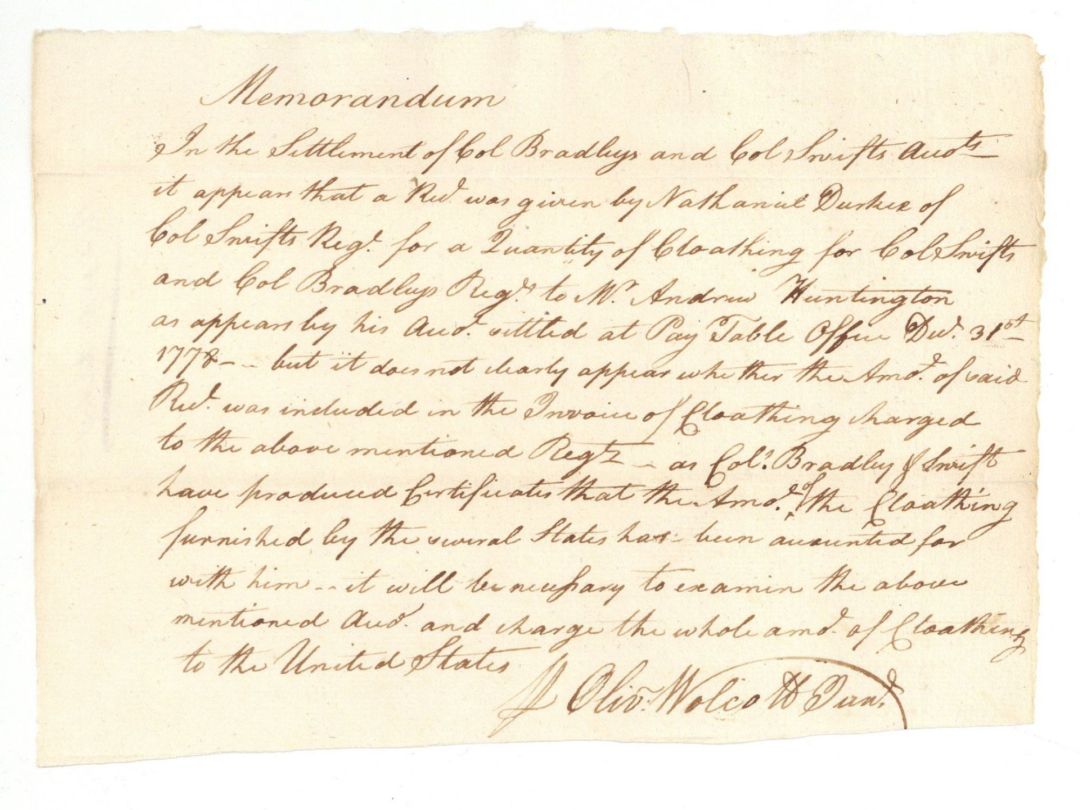 Memorandum signed by Oliver Wolcott, Jr. - Connecticut - 1772 dated American Revolutionary War
