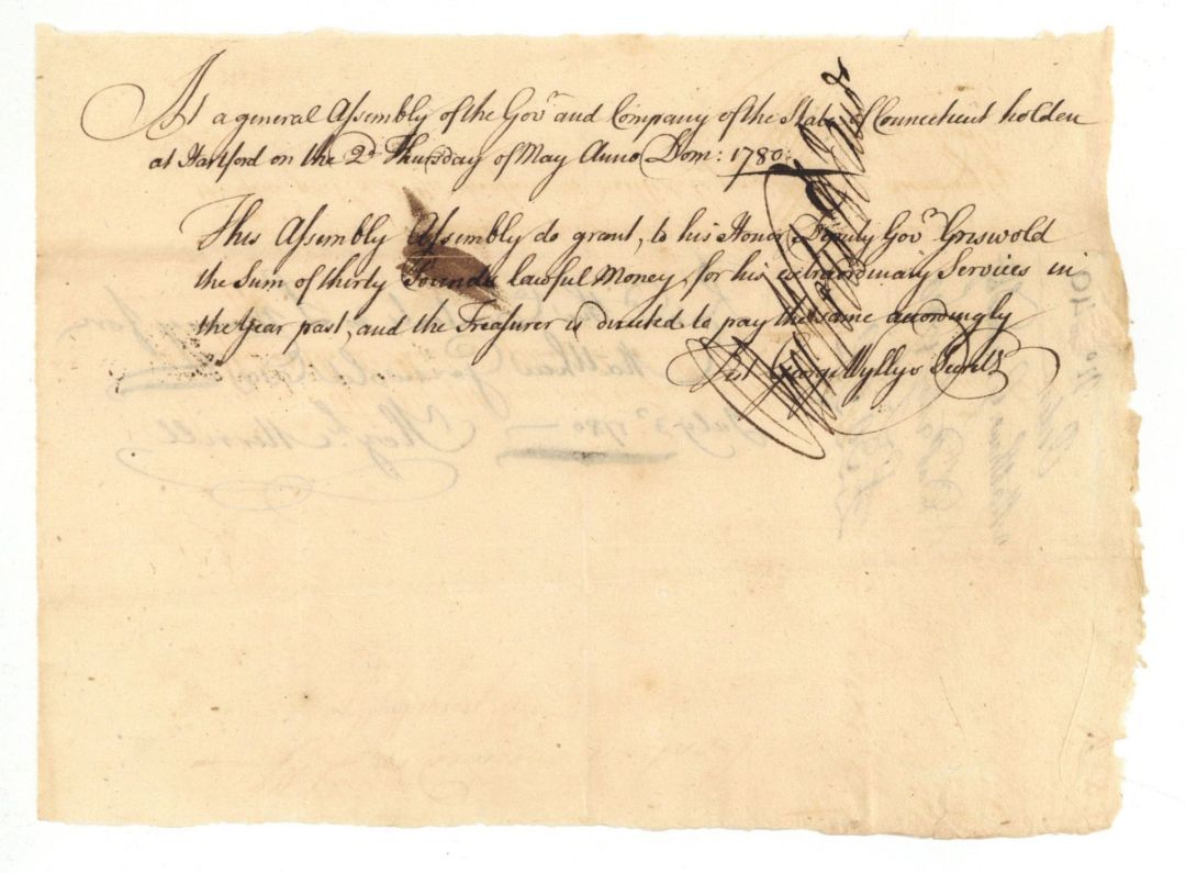 Grant of 30 Pounds signed by Oliver Wolcott, Jr. - Connecticut - 1780 dated American Revolutionary War