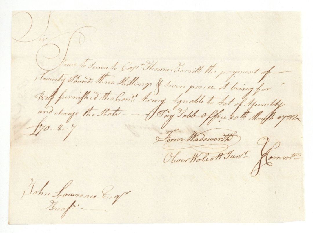 Invoice for flour signed by Oliver Wolcott, Jr. - Connecticut - 1782 dated American Revolutionary War