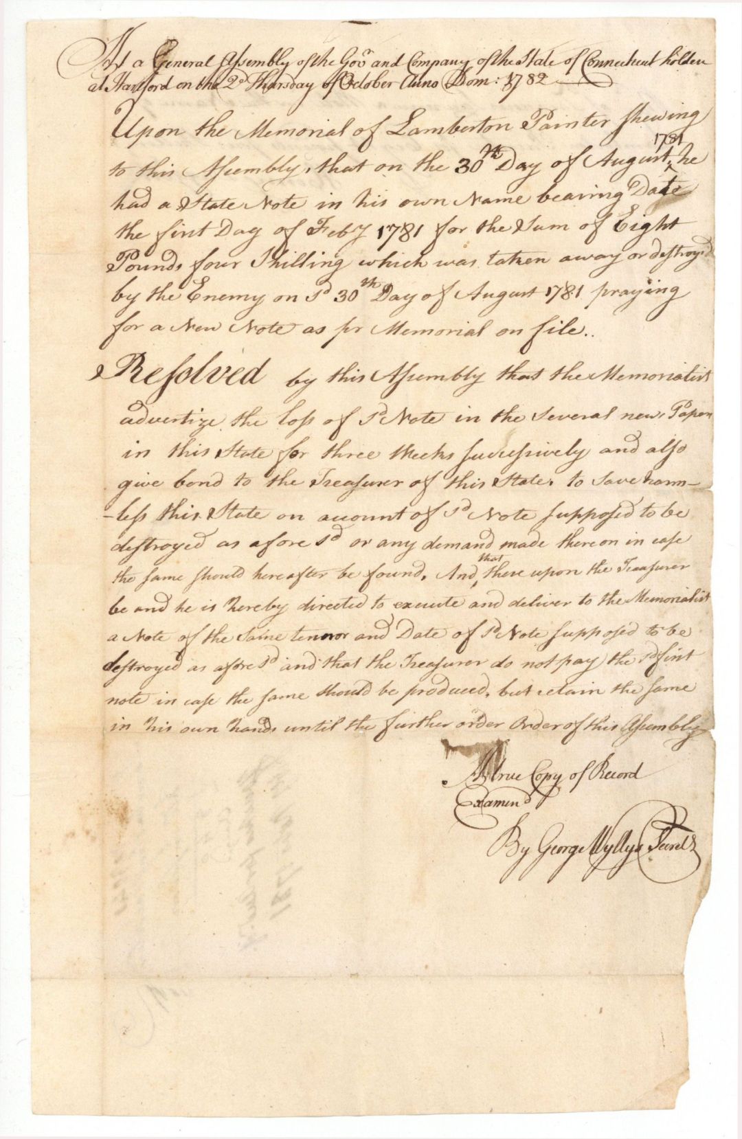 Pay Order for General Assembly signed by George Wyllys - 1782 dated Revolutionary War Period Autograph