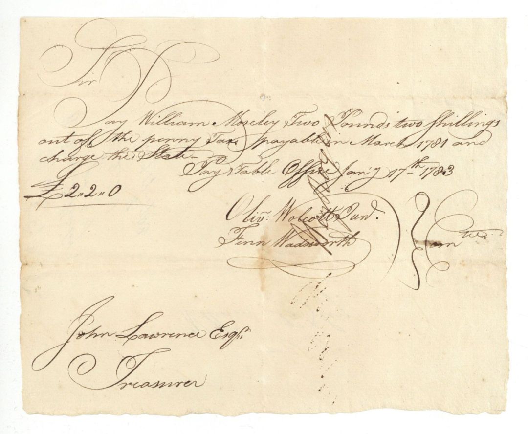 Pay Order signed by Oliver Wolcott, Jr. - Connecticut - 1782 and 1783 dated American Revolutionary War