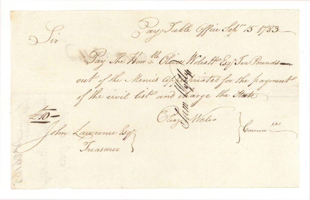 Pay Order to Oliver Wolcott, Jr. signed by Samuel Wyllys - Connecticut - 1783 dated American Revolutionary War