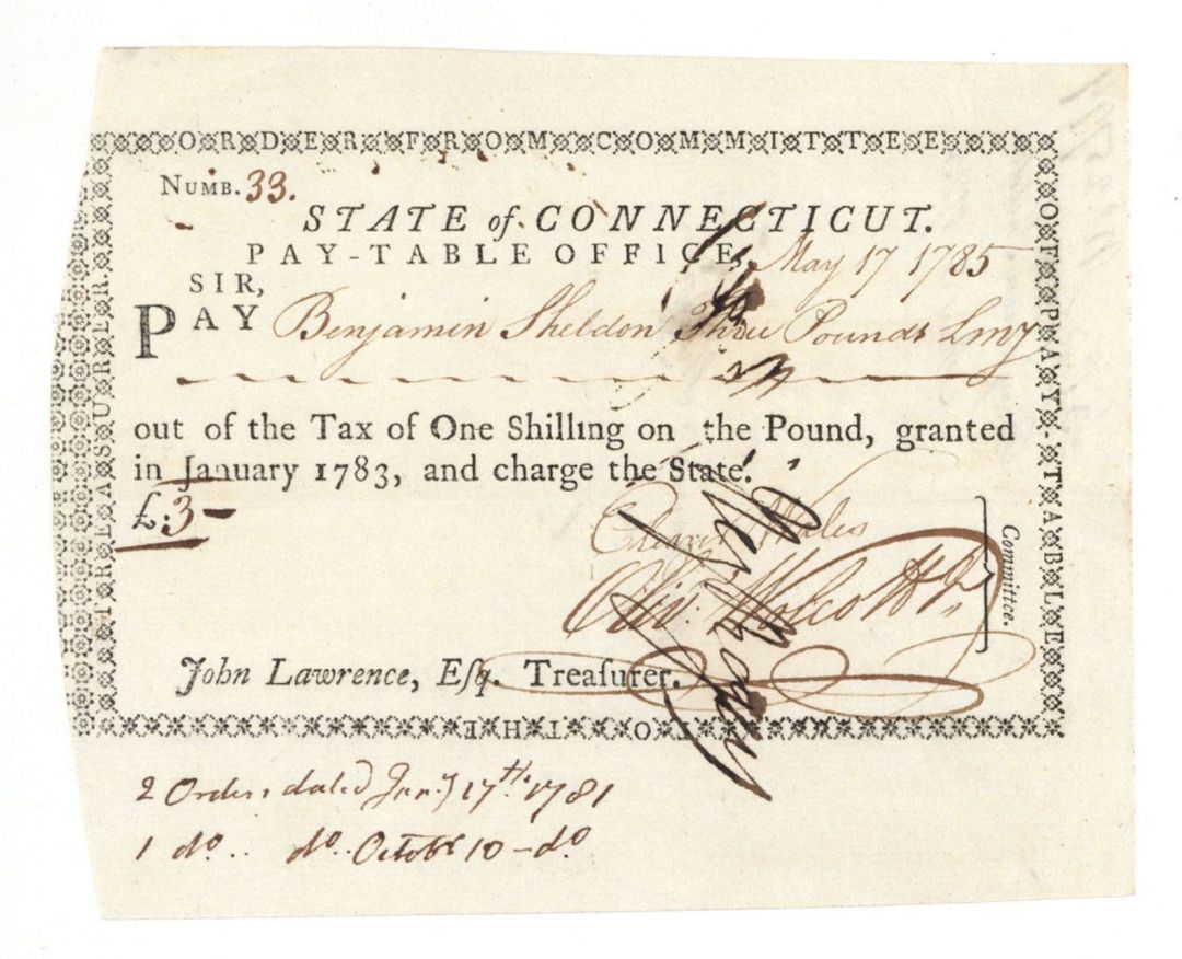 Pay Order signed by Oliver Wolcott, Jr. - Connecticut - 1785 dated American Revolutionary War