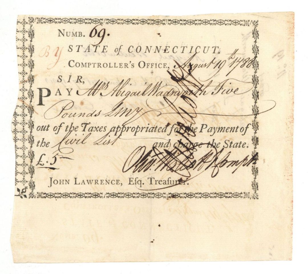 1788 dated Oliver Wolcott Jr. signed twice Revolutionary War Pay Order - Connecticut - American Revolutionary War Autograph