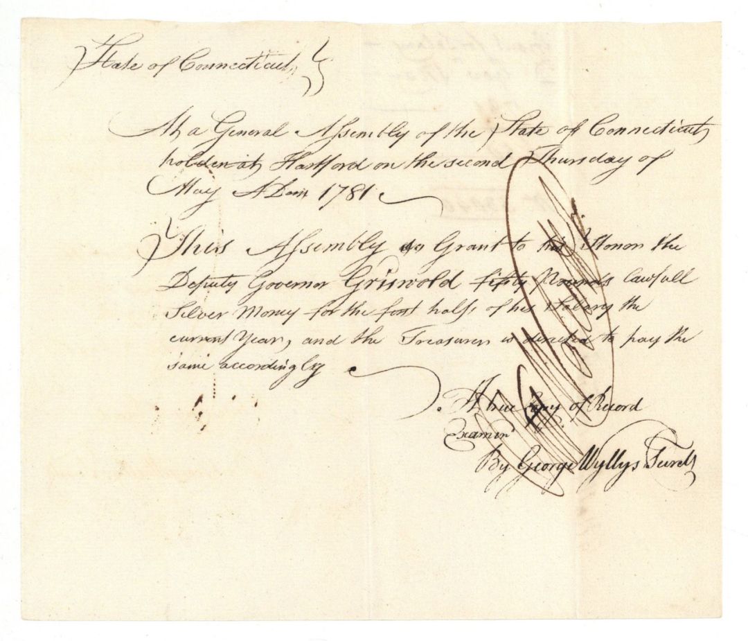 Pay Order signed by Oliver Wolcott, Jr.  - Connecticut - 1781 dated American Revolutionary War