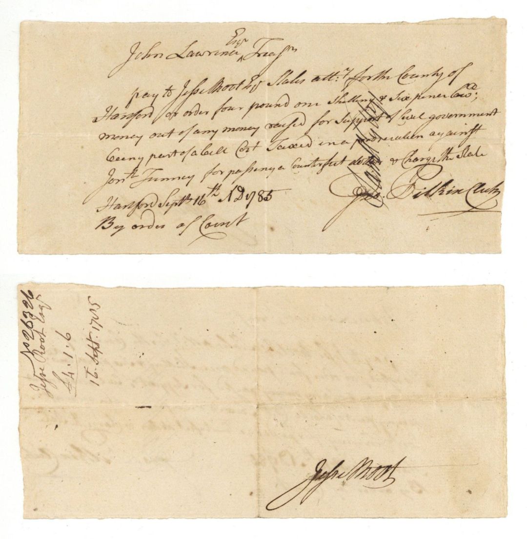1785 dated Pay Order Signed by Jesse Root, Geo. Pitkin and Sam Wyllys - Autograph - American Revolutionary War