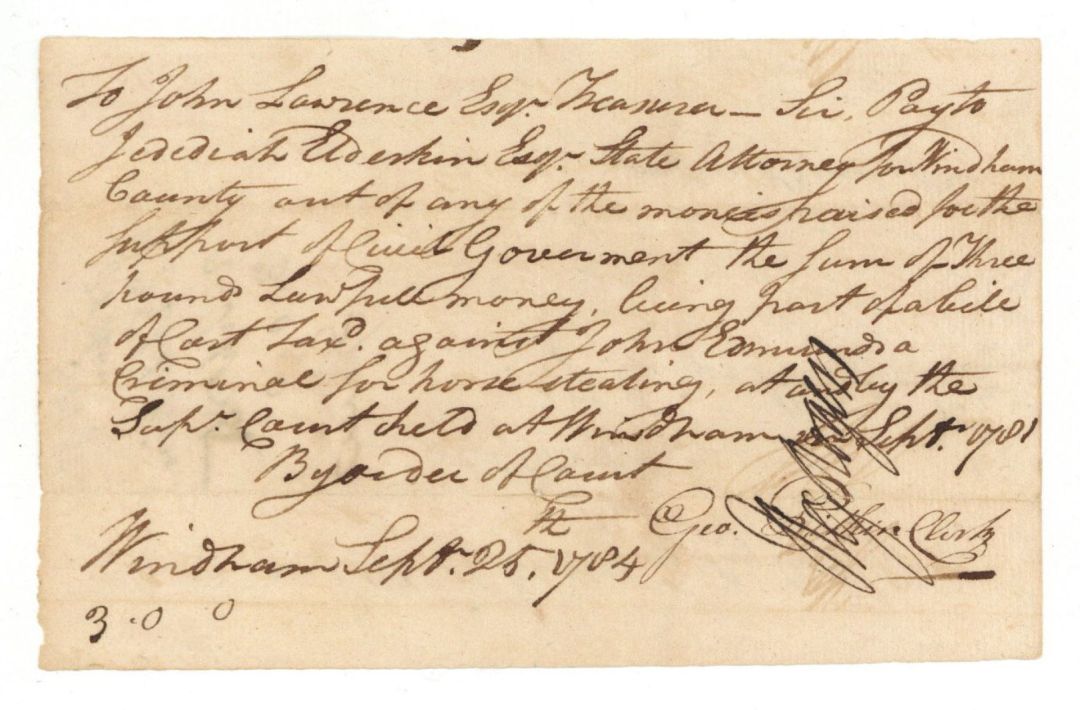 1784 or 1787 dated Pay Order Signed by Geo. Pitkin - Autograph - American Revolutionary War