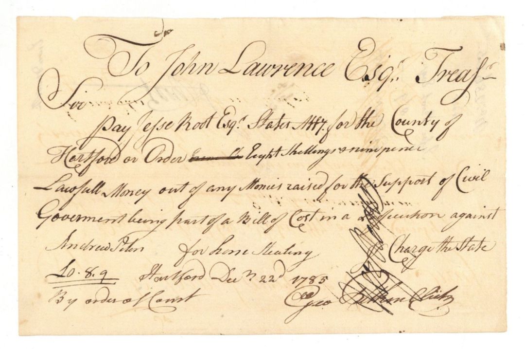 1785 dated Pay Order Issued to Jesse Root and Signed by Geo. Pitkin - Autograph - American Revolutionary War